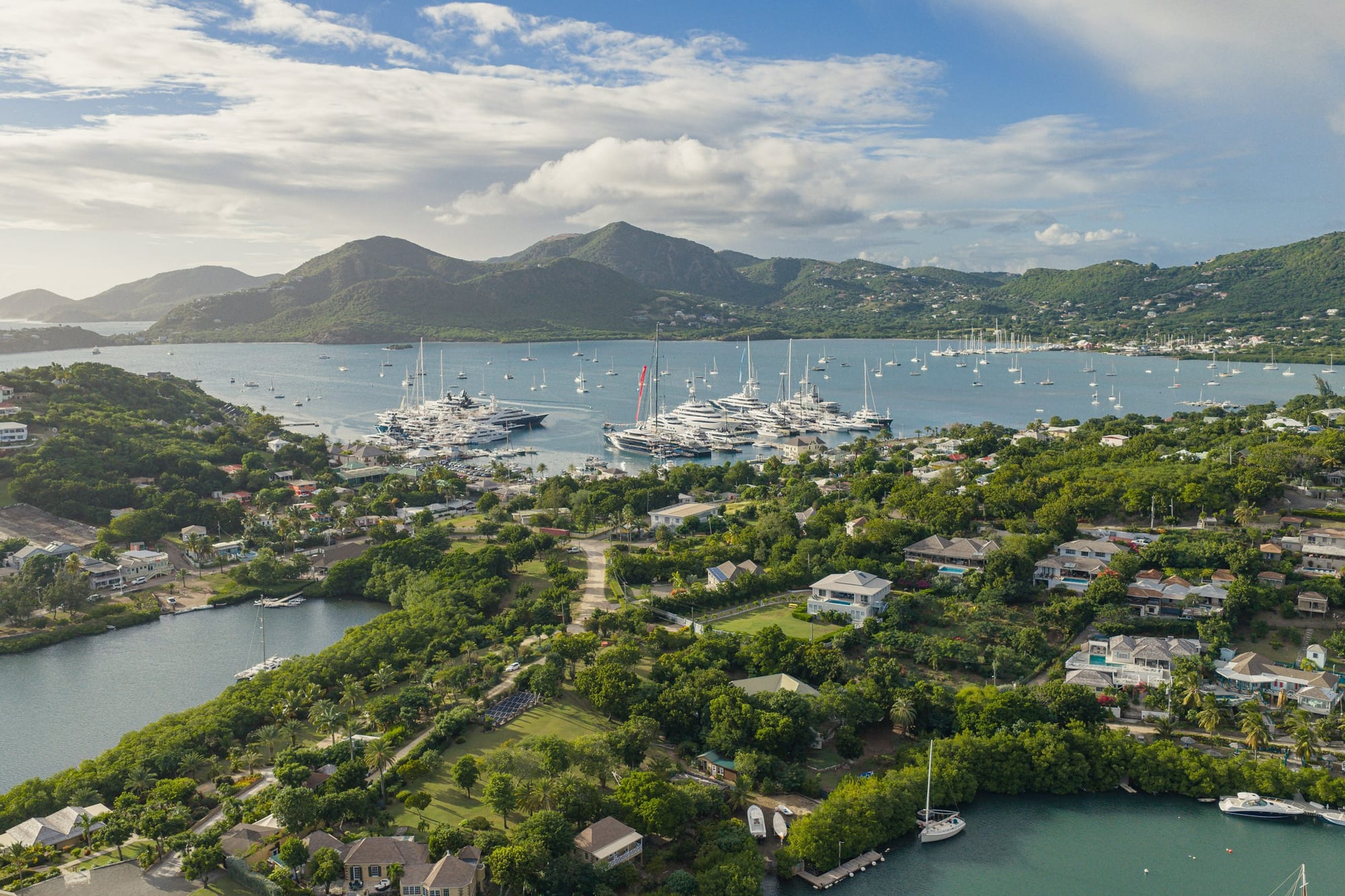 Aerial view of Falmouth Harbour, Antigua, and its superyacht marinas