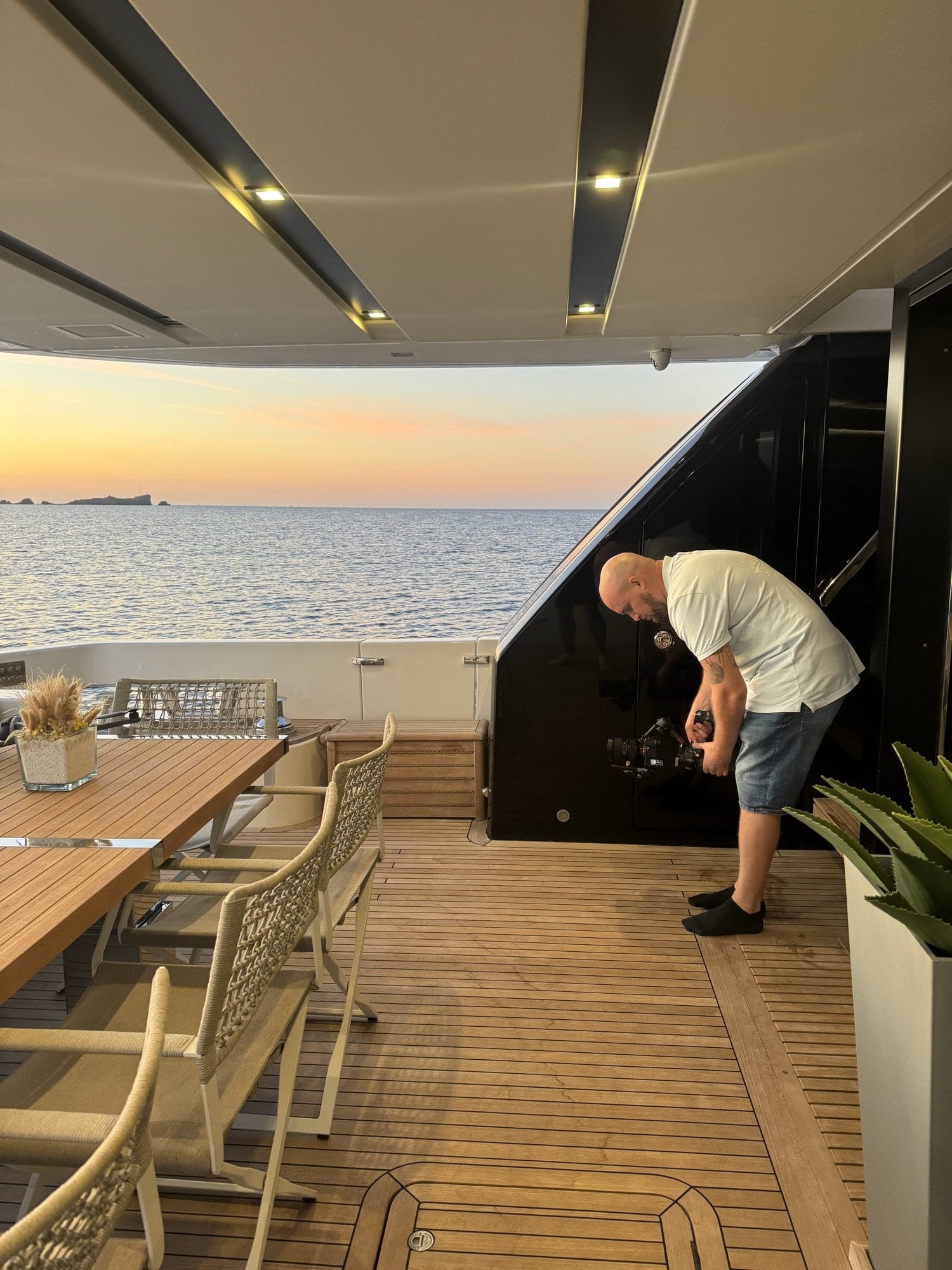 Photo setup on the aft deck of a yacht before a shoot