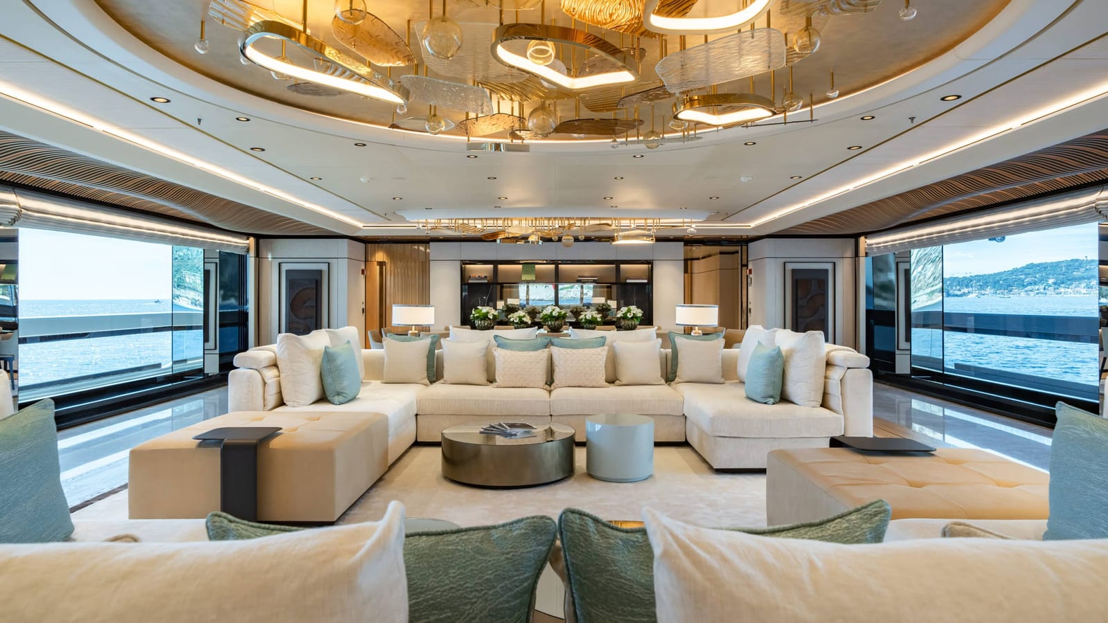 Perfectly styled superyacht main saloon prepared by the interior team for a photo shoot